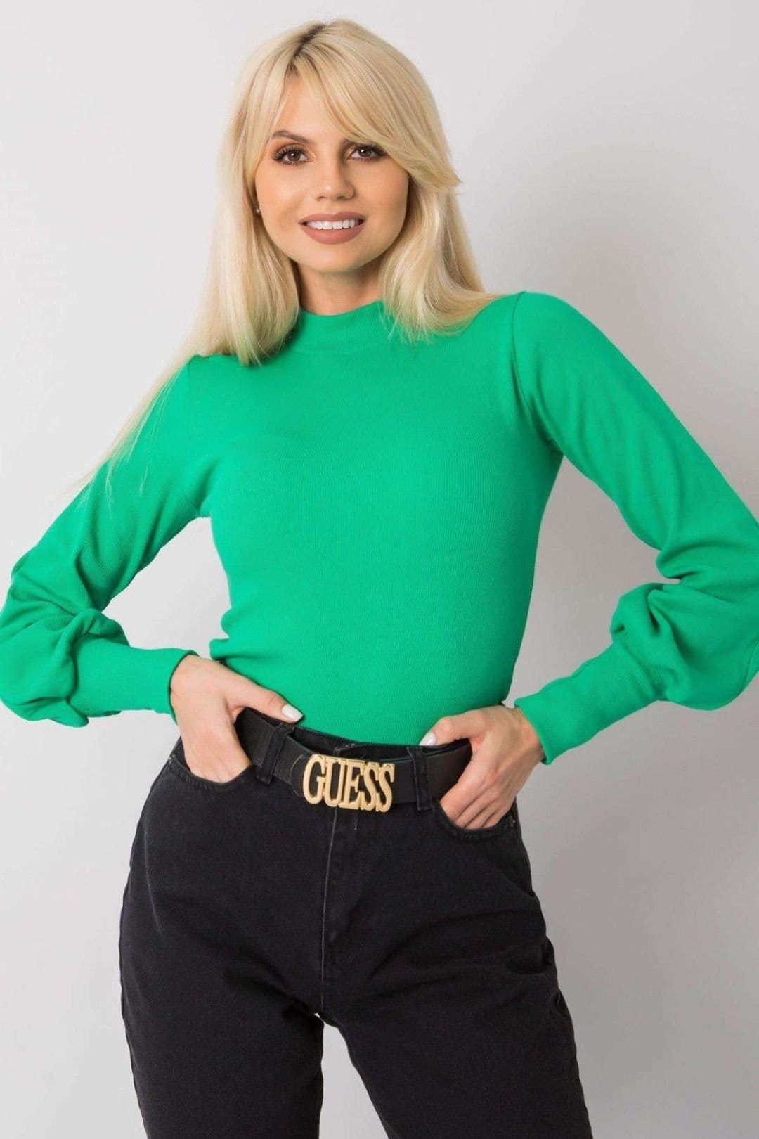 Love Lace Green Ribbed Long Sleeve Blouse With Wide Cuffs