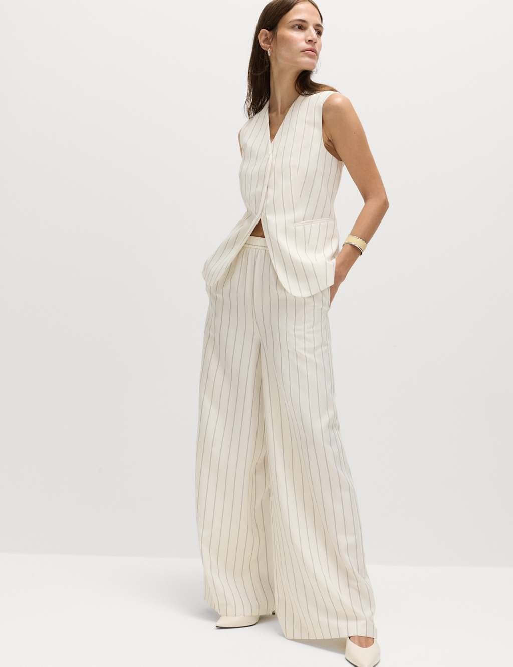 Marks & Spencer M&S Pinstripe Wide Leg Trousers Ivory Mix