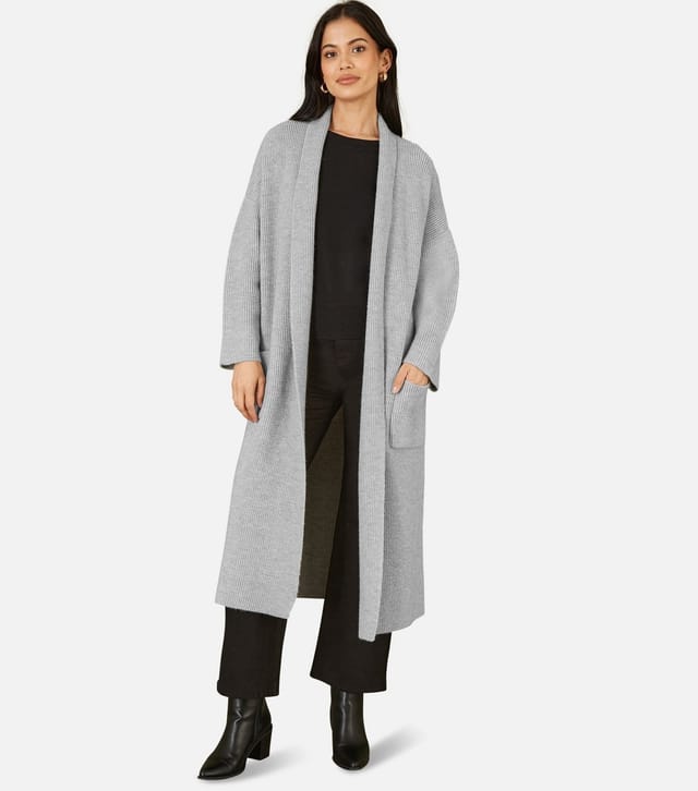 Yumi Women's Grey Ribbed Pocket Longline Midi Cardigan Yumi New Look - 2