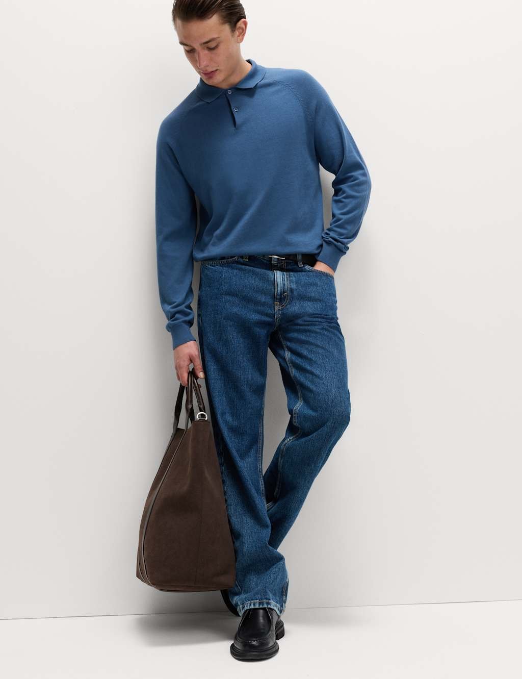 Marks & Spencer M&S Cotton Rich Knitted Polo Shirt Chambray - 2