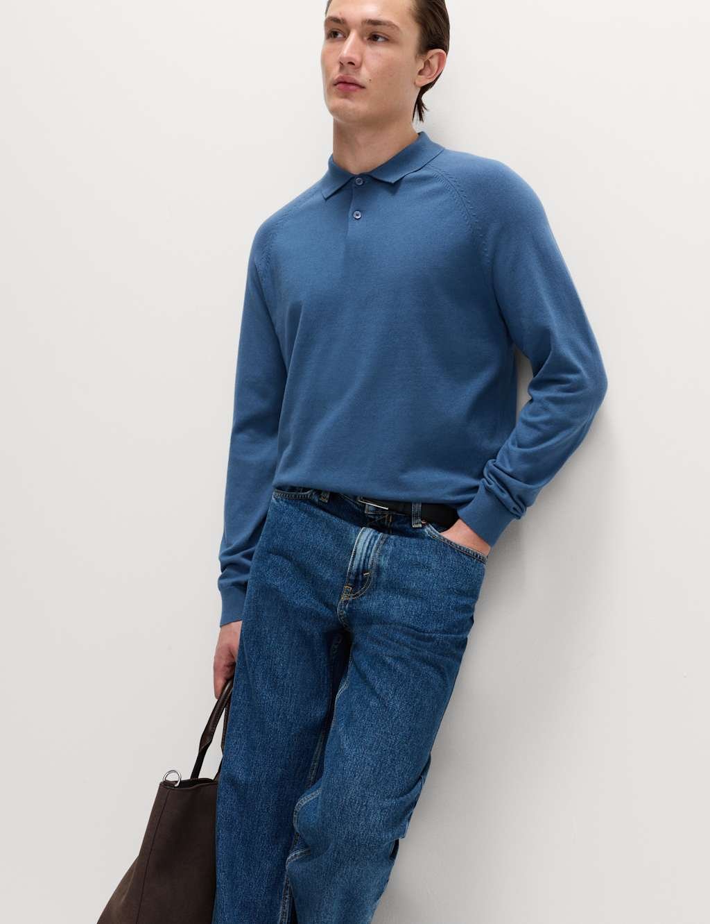 Marks & Spencer M&S Cotton Rich Knitted Polo Shirt Chambray - 4