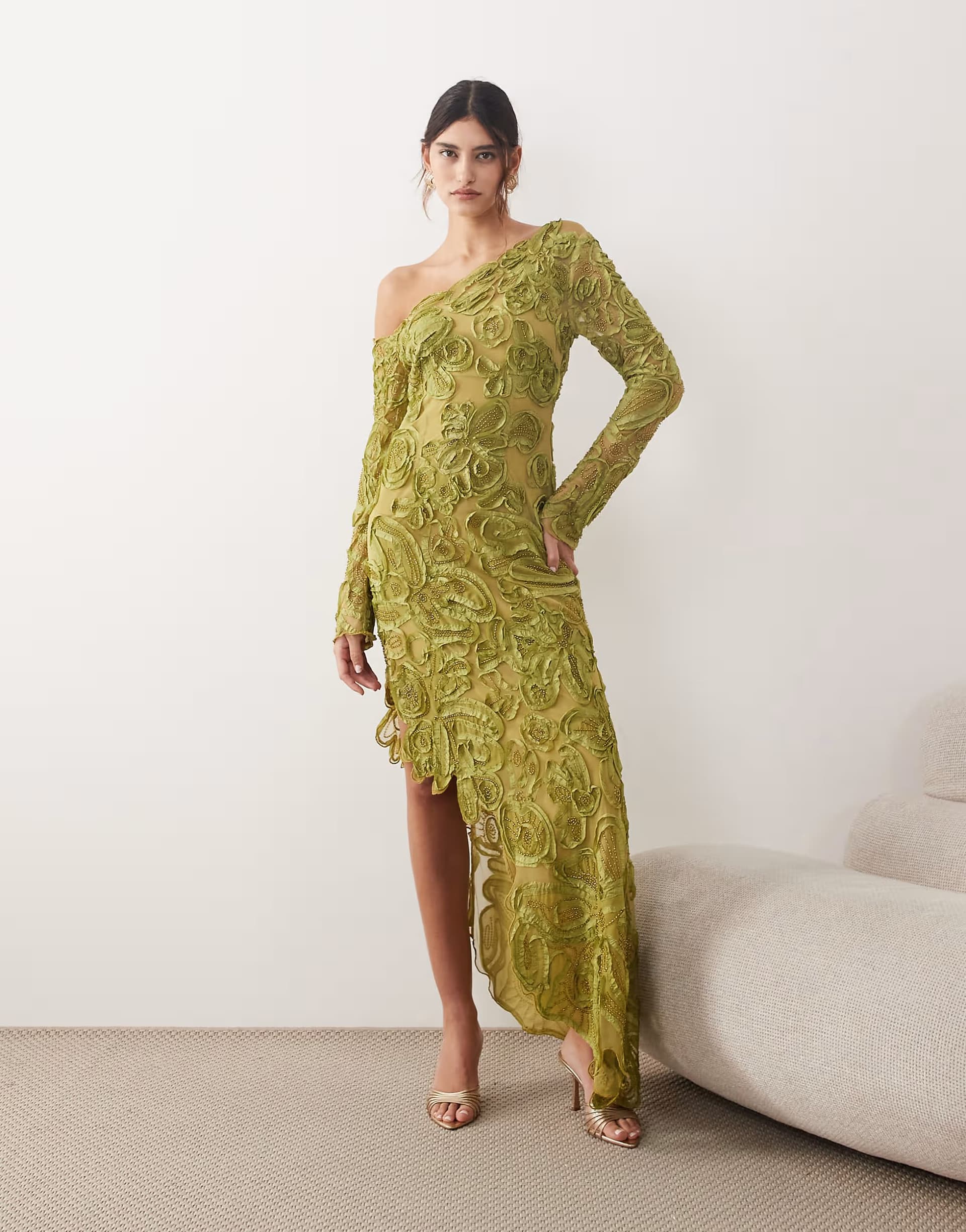 ASOS ARRANGE floral embroidered and embellished off shoulder maxi dress in green