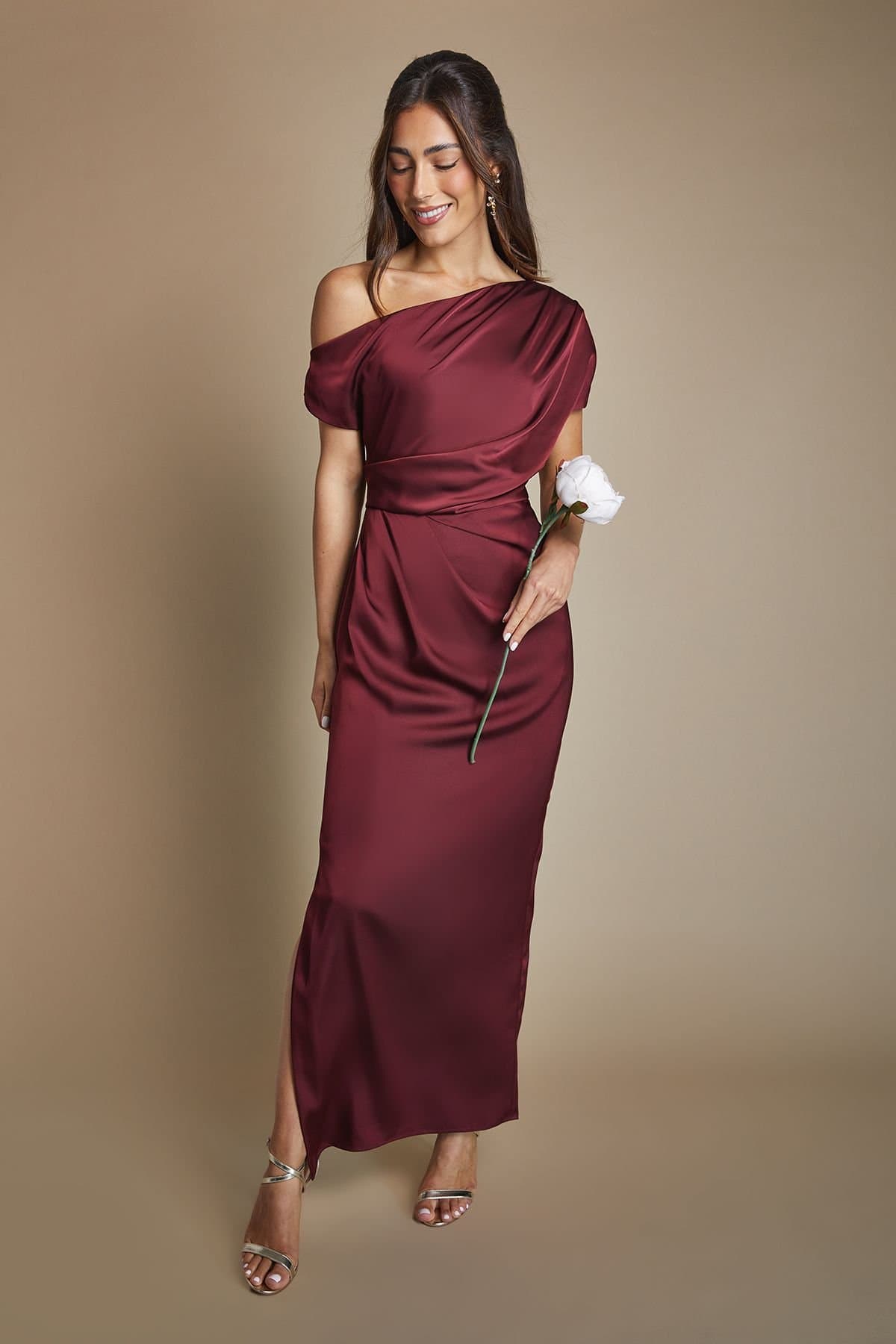Coast Coast Women's Satin Ruched Detail Off-The Shoulder Maxi Bridesmaid Dress in Malbec