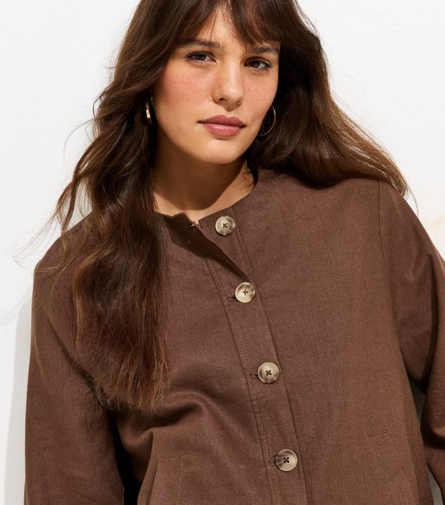 New Look Women's Tall Dark Brown Linen Blend Button Through Bomber Jacket New Look - 2