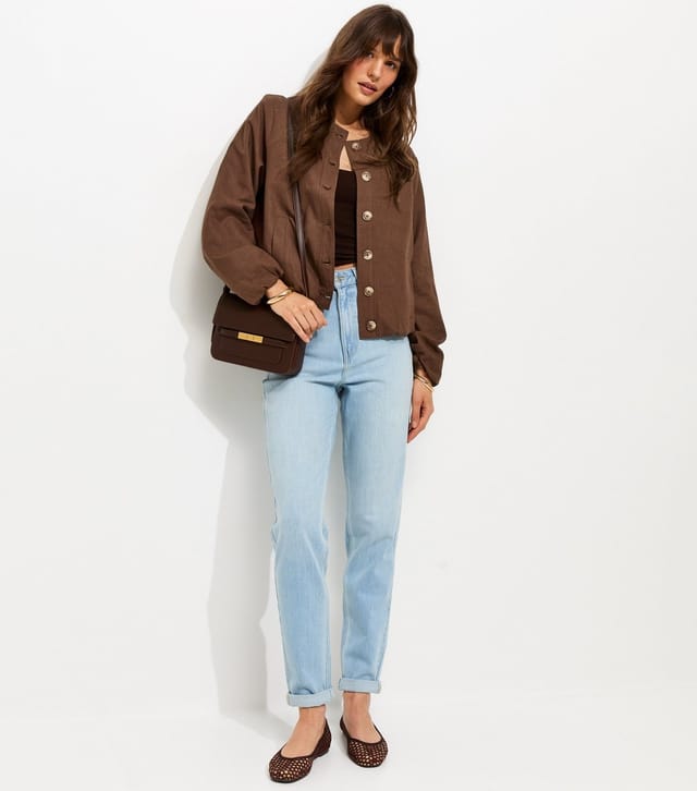 New Look Women's Tall Dark Brown Linen Blend Button Through Bomber Jacket New Look - 3