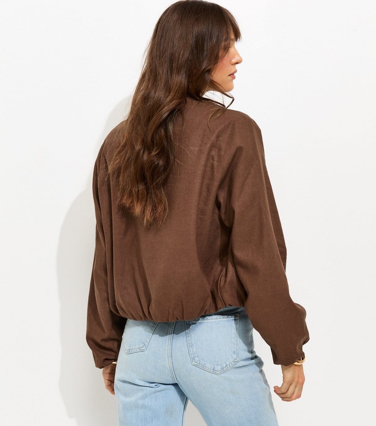 New Look Women's Tall Dark Brown Linen Blend Button Through Bomber Jacket New Look - 4