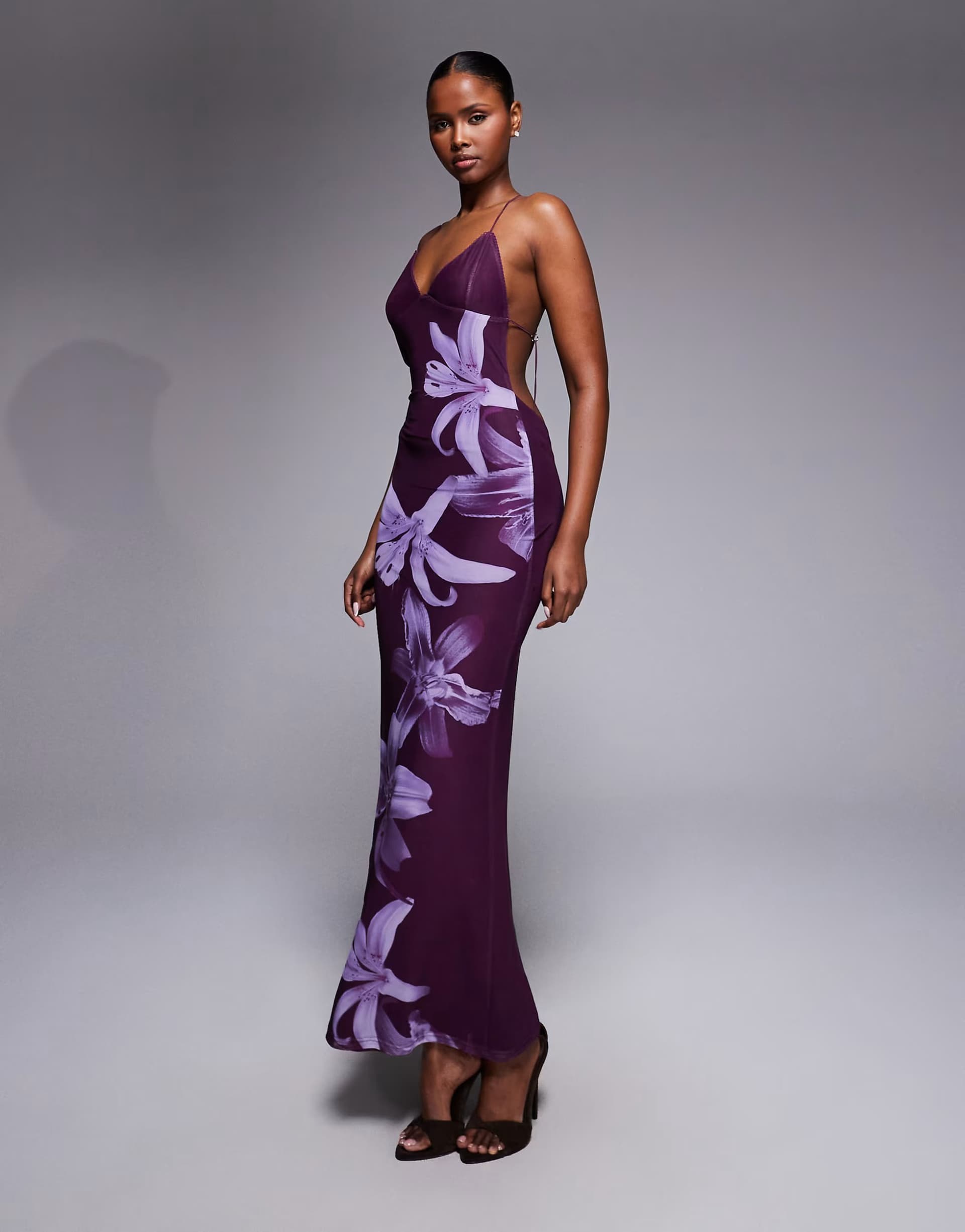 ASOS Tiger Mist Orielle strappy open back hardware detail floral maxi dress in plum orchid