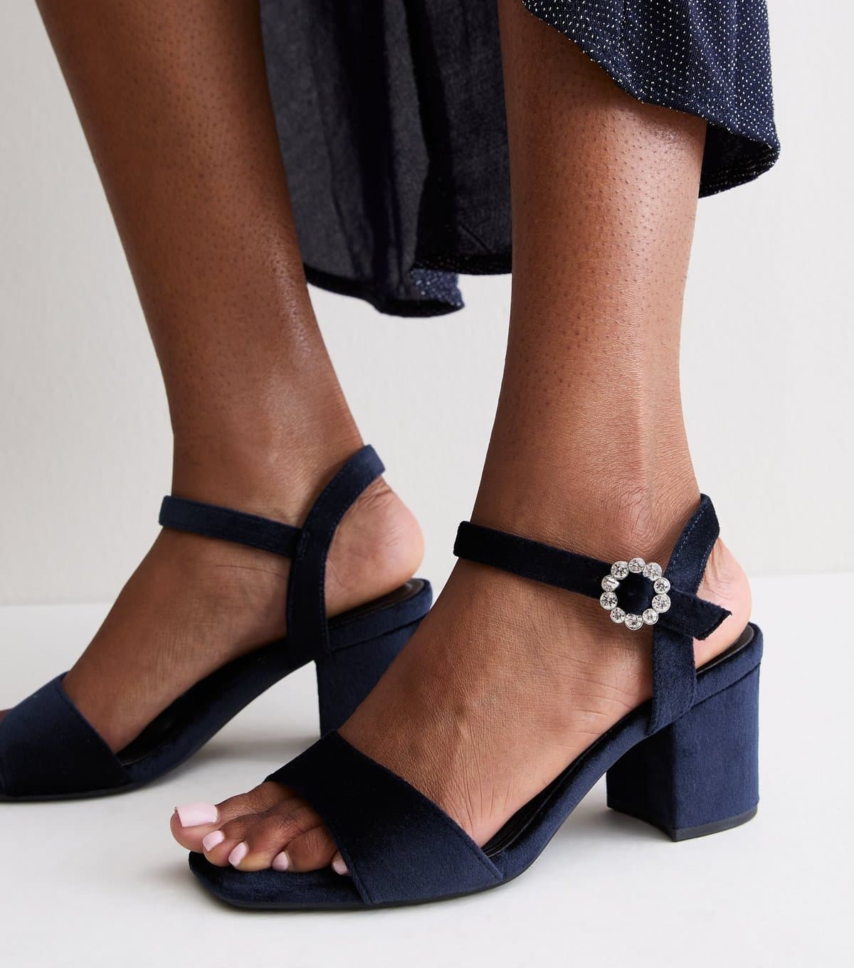 Unknown Women's Wide Fit Navy Velvet Block Heel Sandals Vegan New Look