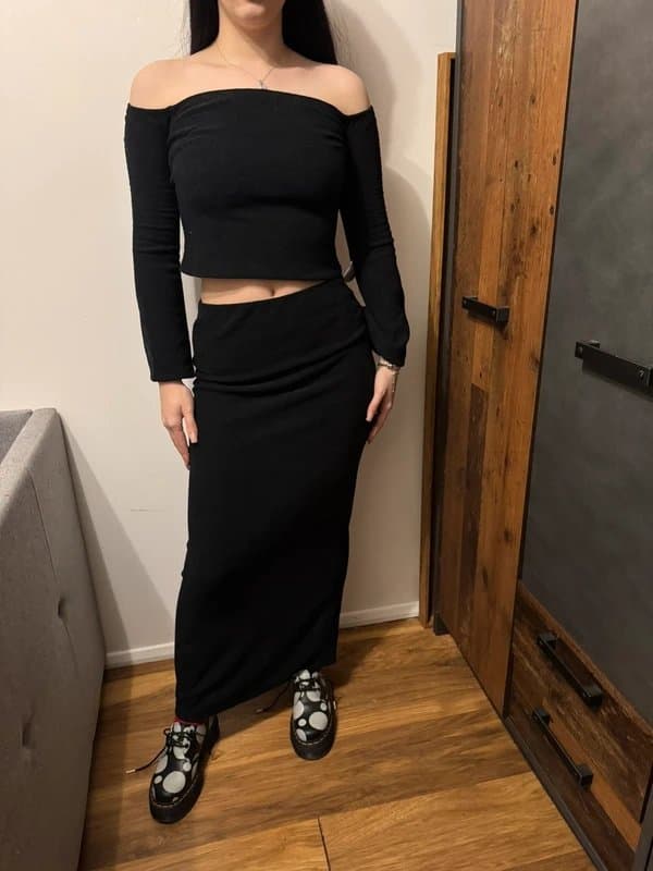 ASOS Design black plush off shoulder long sleeve bell cuff blouse elastic waist maxi skirt size 10 co ord set