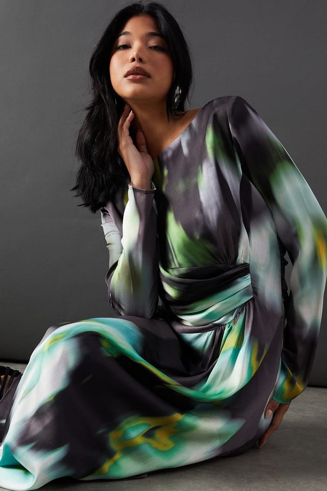 Warehouse Warehouse Women's Printed Satin Knot Front Asymmetric Hem Midi Dress - 2