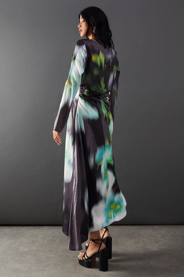 Warehouse Warehouse Women's Printed Satin Knot Front Asymmetric Hem Midi Dress - 3