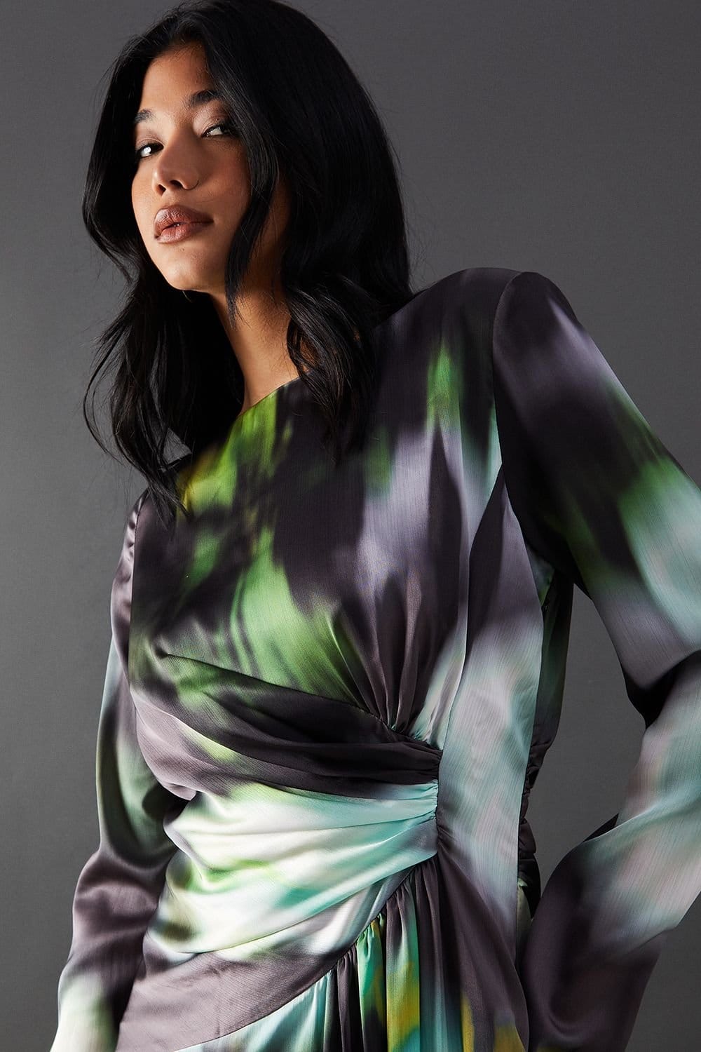 Warehouse Warehouse Women's Printed Satin Knot Front Asymmetric Hem Midi Dress - 4