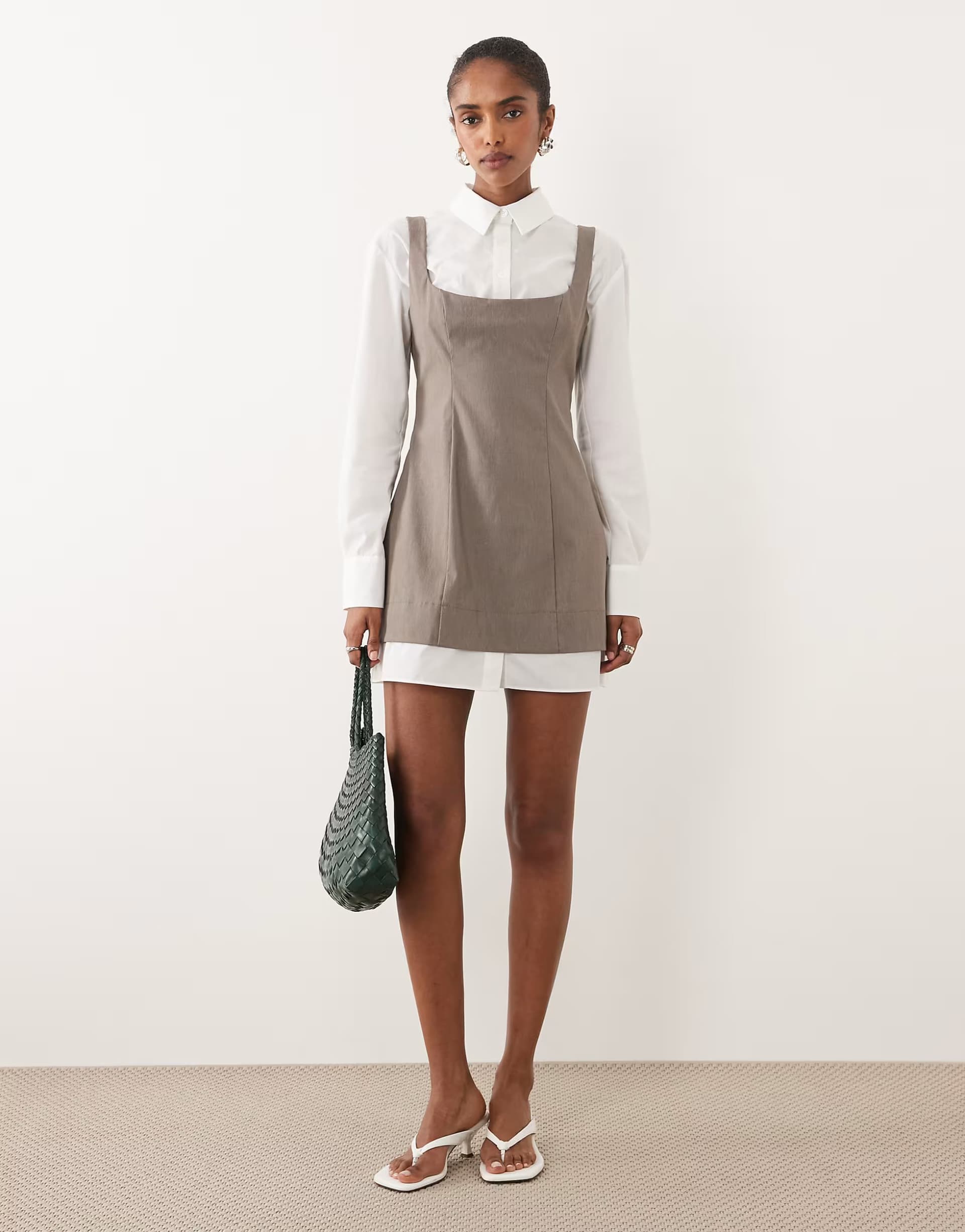 ASOS ASOS DESIGN 2 in 1 shirt scoop neck mini dress in light brown