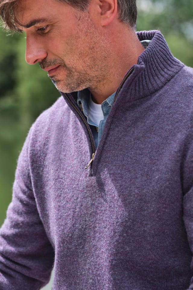 WoolOvers WoolOvers Men's Mens Lambswool Zip Neck Jumper in Purple - 2