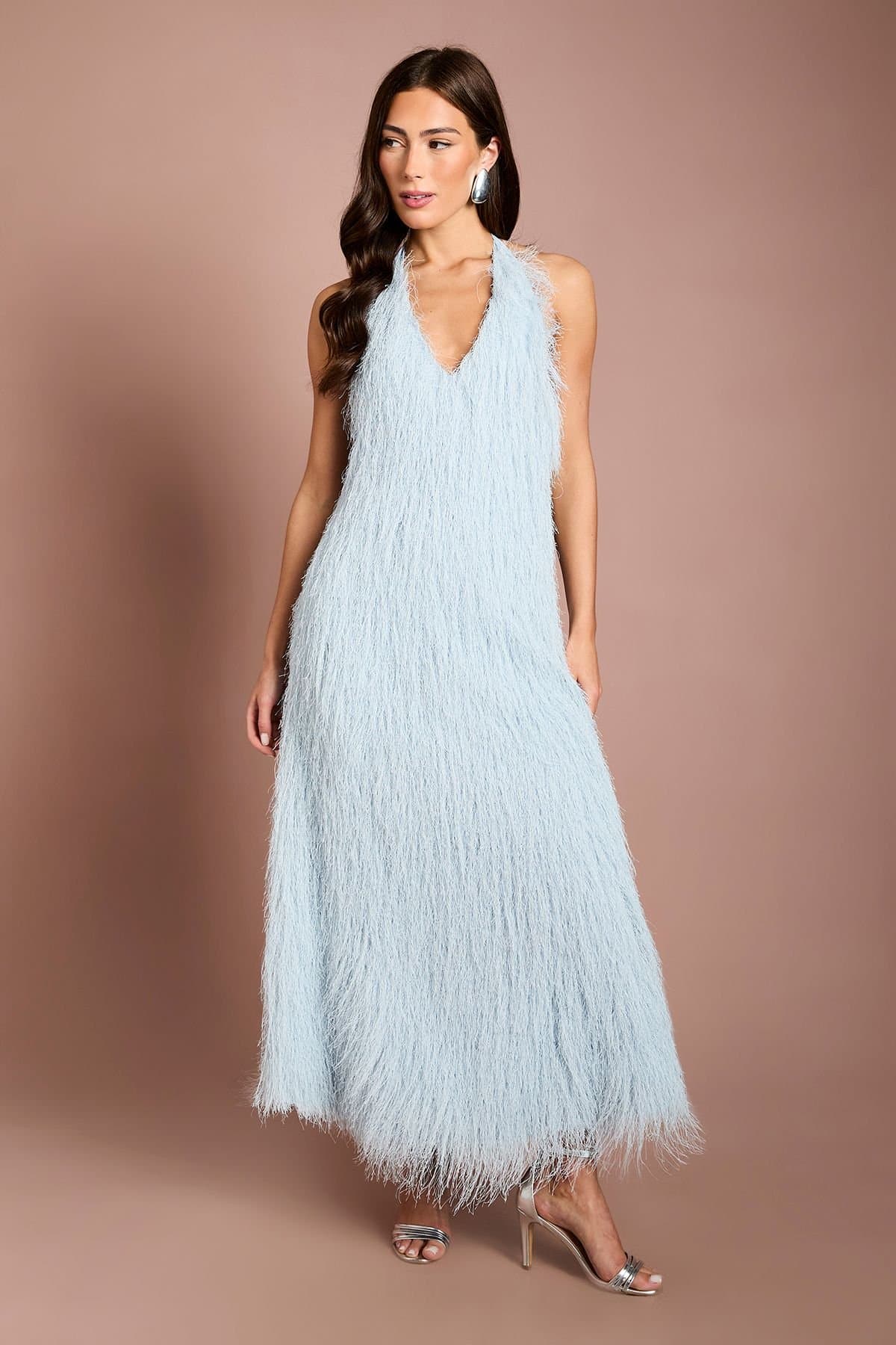 Coast Coast Women's Muse Halterneck Faux Feather Fringe Midi Dress in Blue