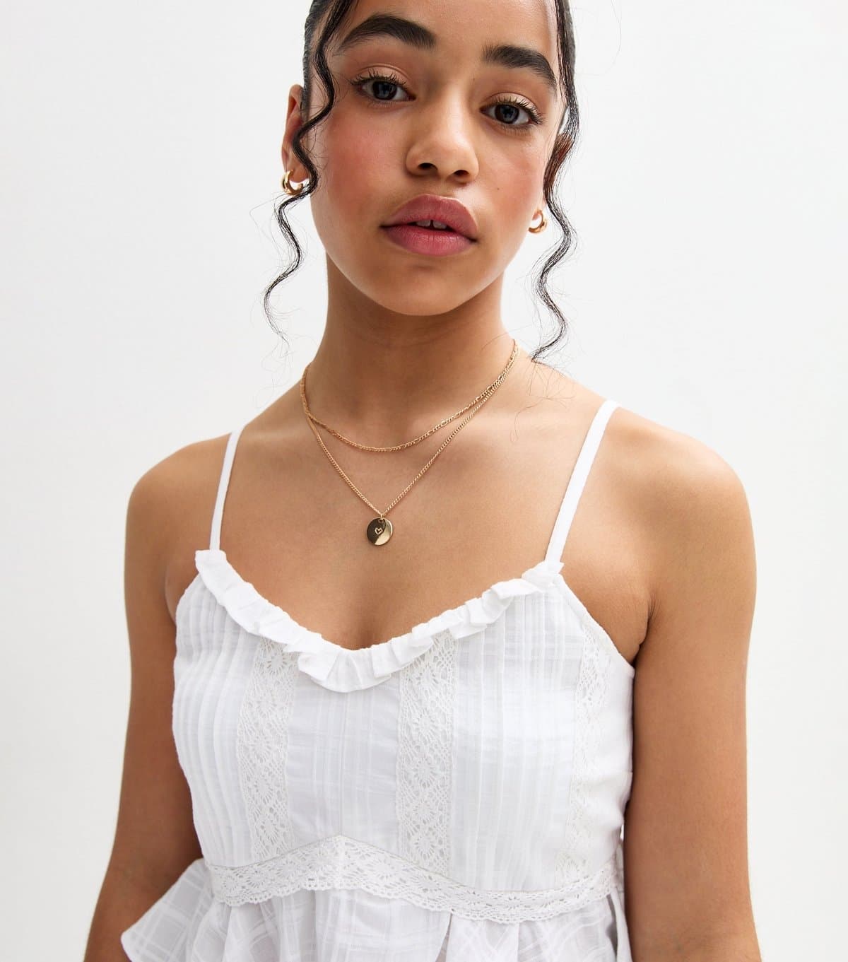 New Look Girls' White Pintuck Frill Trim Baby Doll Top New Look