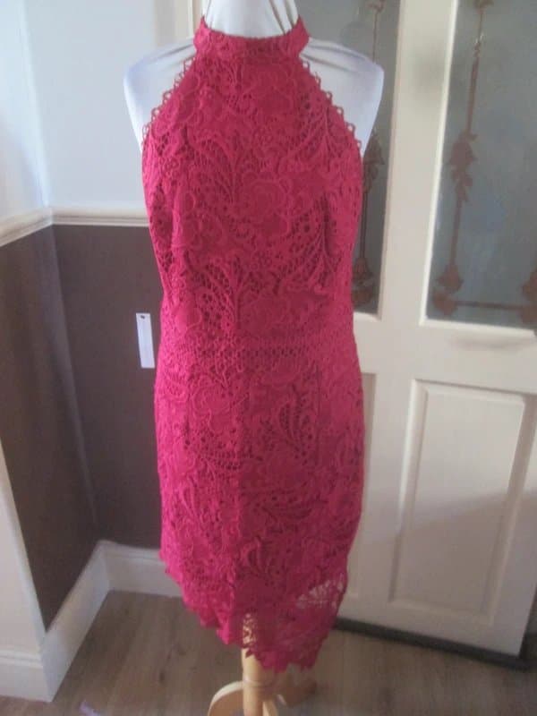 Lipsy Lipsy size 12 red lace Halter lined bodycon Midi dress Brand new with tags