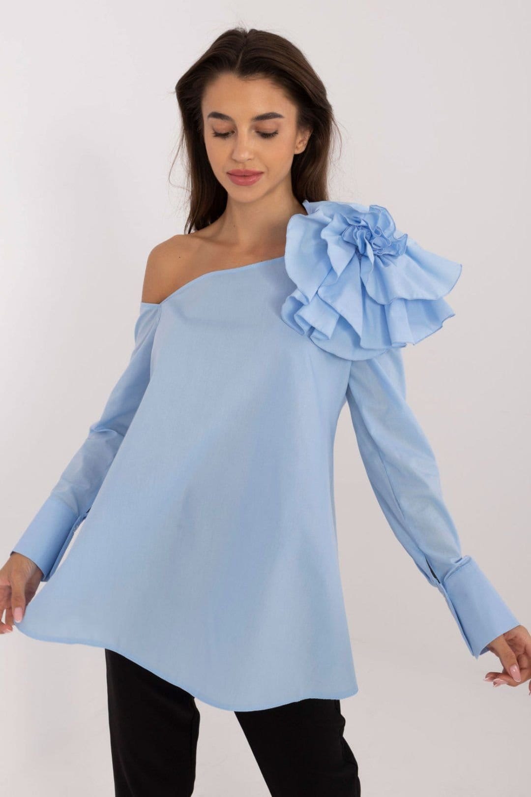 Love Lace Blue Cotton Asymmetrical Blouse with Brooch
