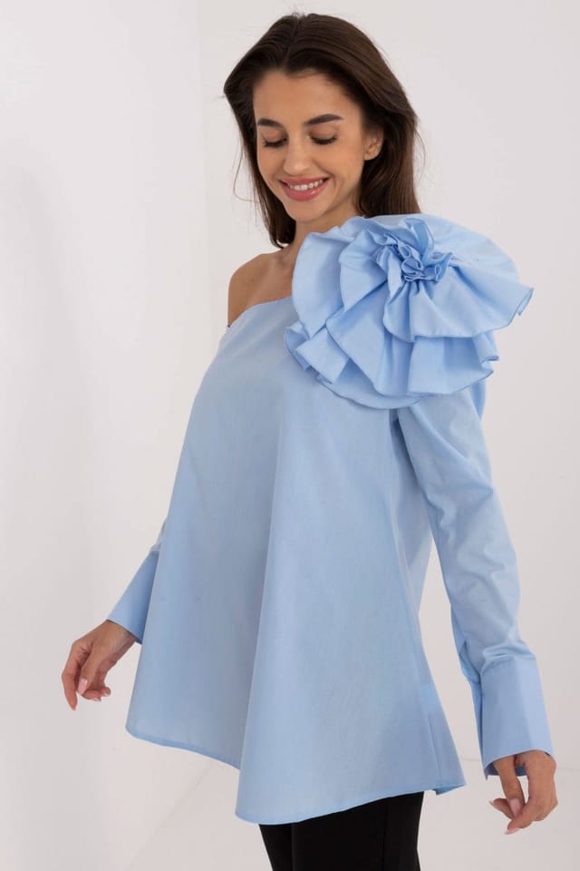 Love Lace Love Lace Women's Asymmetrical Neck Cotton Blouse with Brooch in Blue - 2
