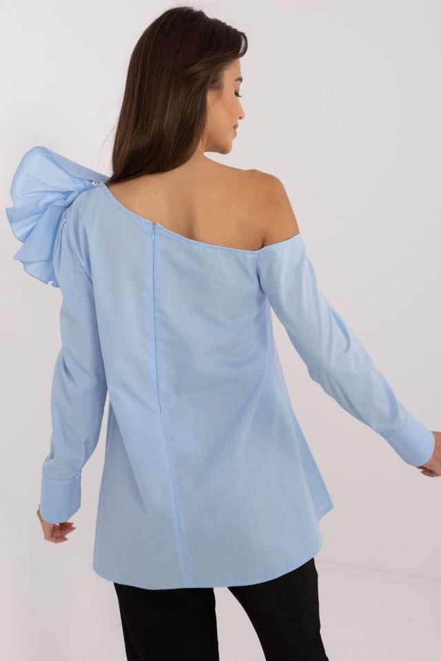 Love Lace Love Lace Women's Asymmetrical Neck Cotton Blouse with Brooch in Blue - 3