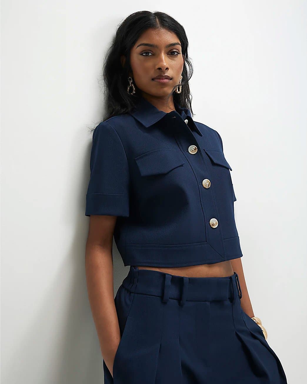 River Island River Island Womens Navy Short Sleeve Cropped Jacket