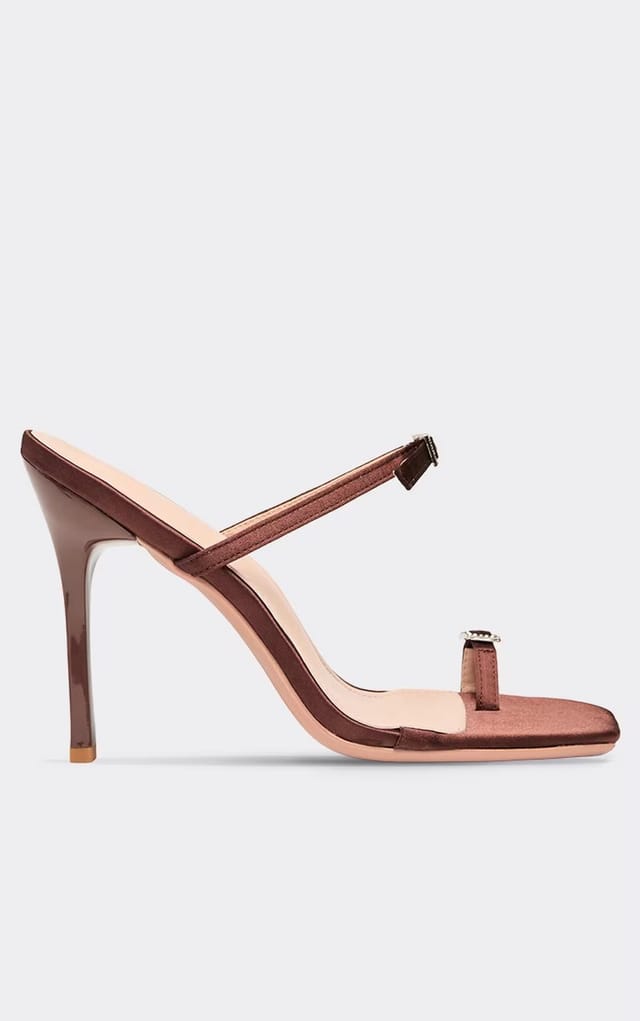 EGO Teaser Double Strap Bow Deatil Stiletto Heeled Mule In Brown Satin, Women's Size UK 3 - 2