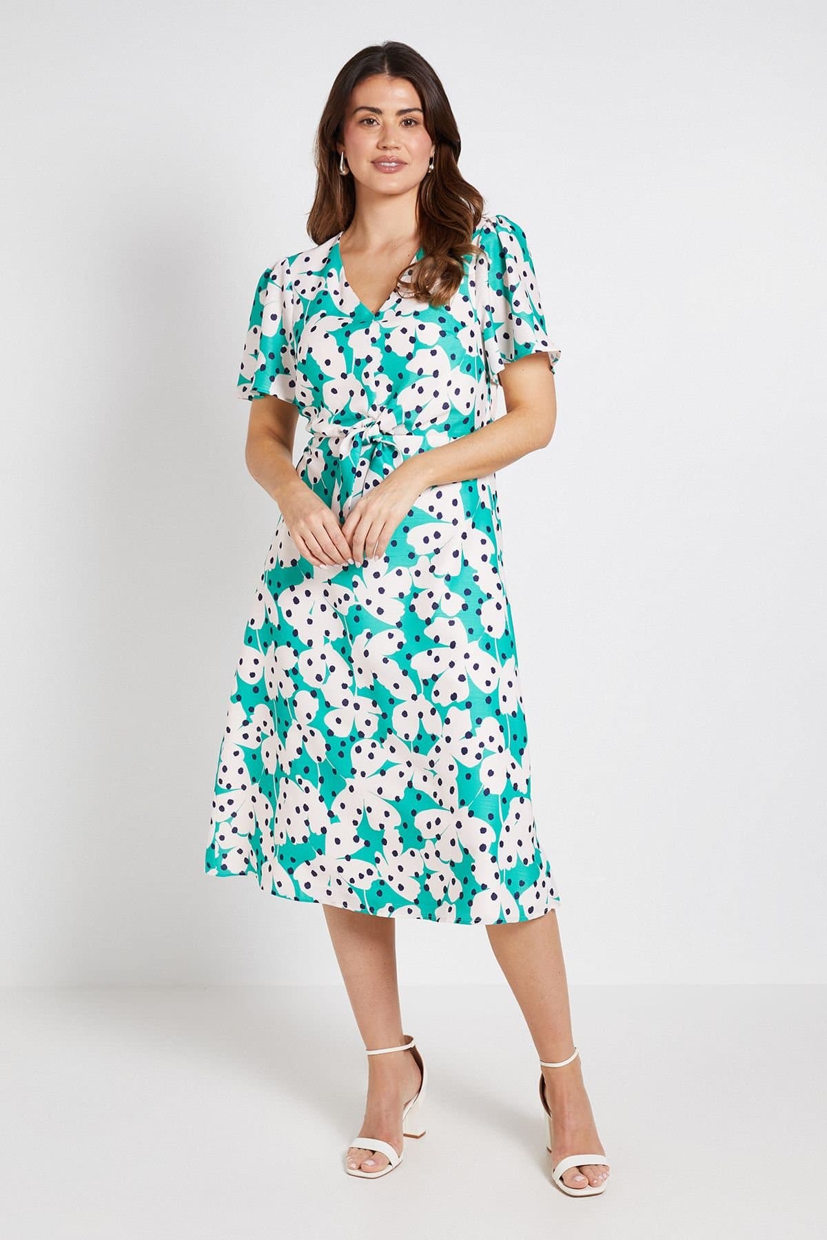 Wallis Wallis Women's Floral Polka Dot Tie Front Midi Dress in Green