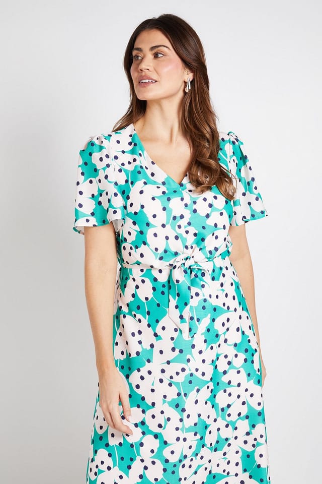 Wallis Wallis Women's Floral Polka Dot Tie Front Midi Dress in Green - 2