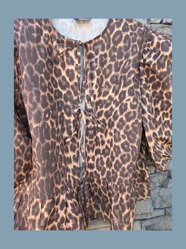 ASOS Design Asos Leopard Animal Print Puff Sleeve Tie Front Top Holiday Summer 100% cotton size large 16-18-20