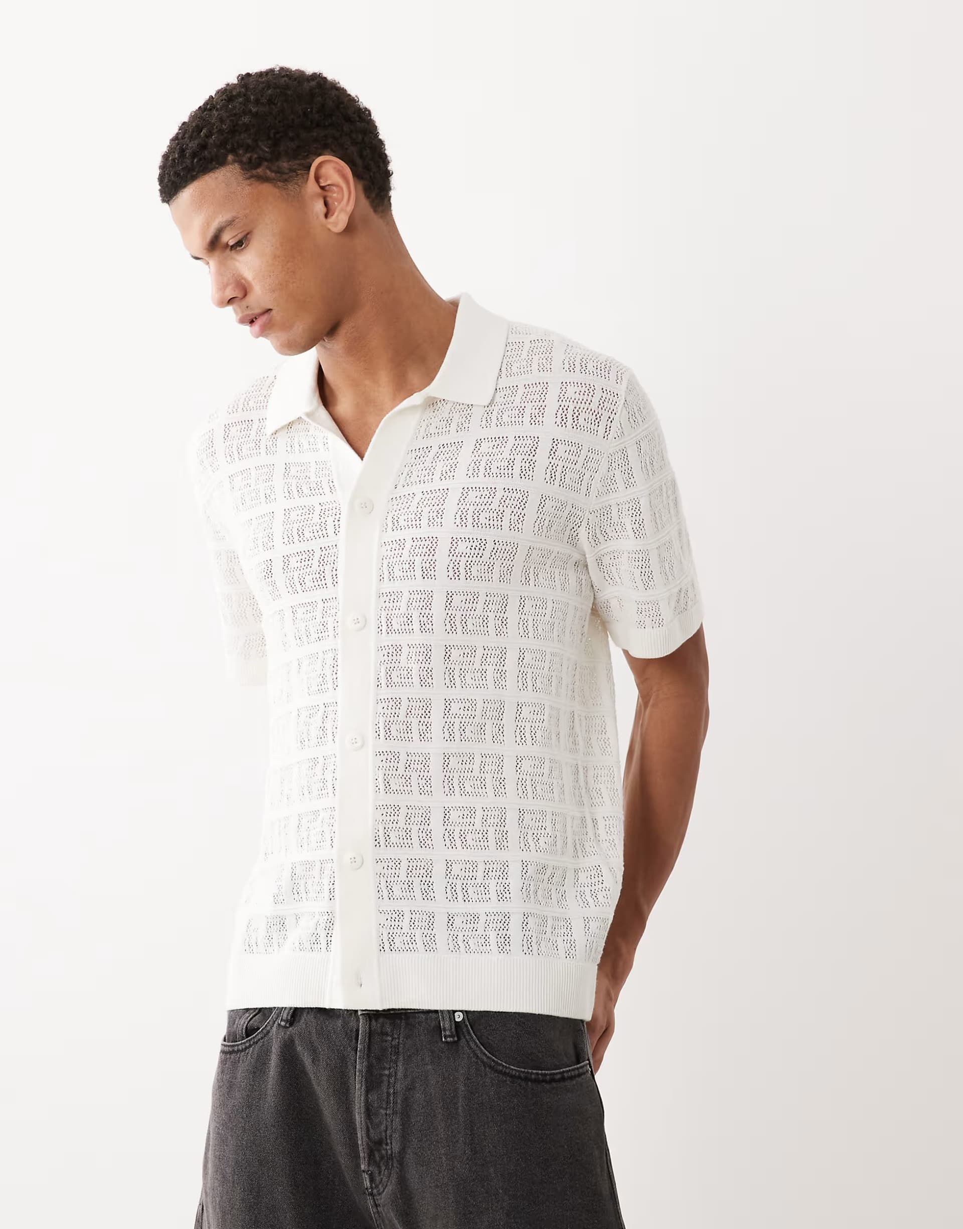 ASOS Jack & Jones White Square Pattern Knit Button-Down Shirt