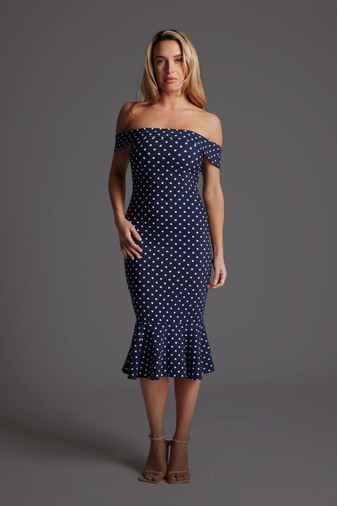 Vesper Vesper Women's Bardot Midi Dress with Frill Hem in Navy Polka Dot