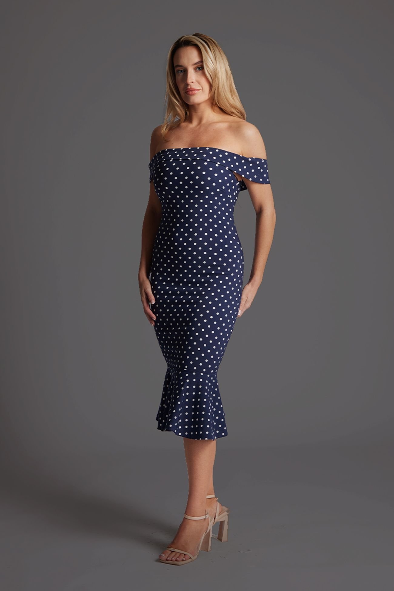 Vesper Vesper Women's Bardot Midi Dress with Frill Hem in Navy Polka Dot - 2