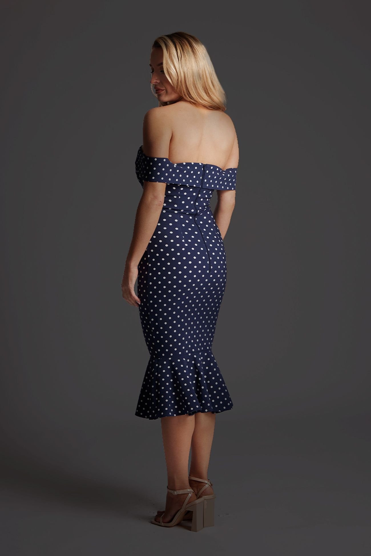 Vesper Vesper Women's Bardot Midi Dress with Frill Hem in Navy Polka Dot - 3