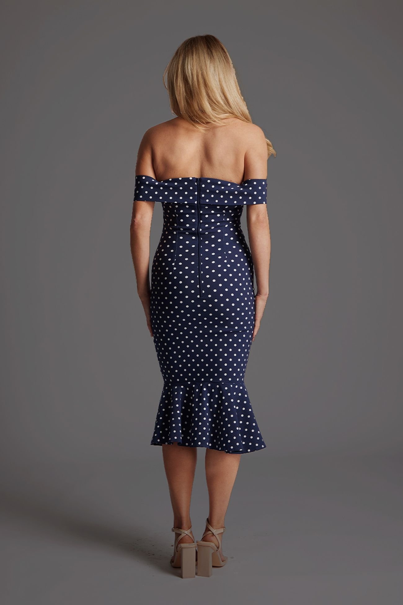 Vesper Vesper Women's Bardot Midi Dress with Frill Hem in Navy Polka Dot - 4