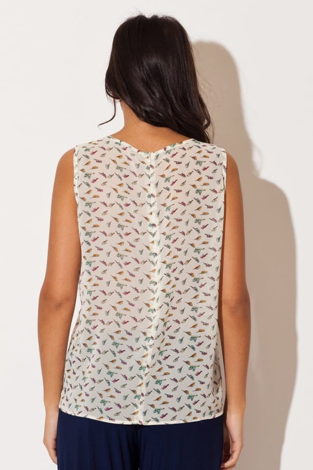 Love Lace Love Lace Women's Bird Chiffon Sleeveless Zip Blouse in Beige - 2