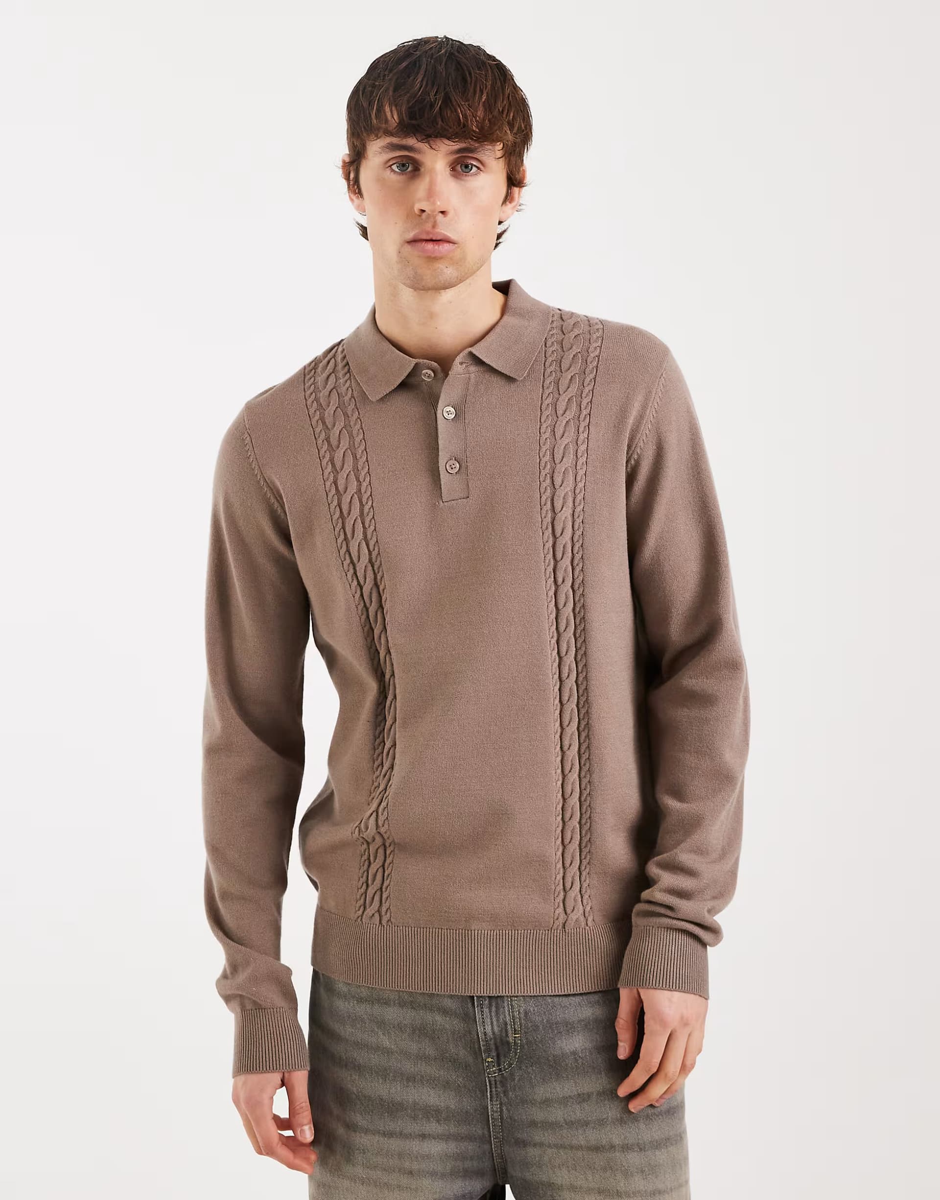 ASOS Threadbare knitted polo with cable knit detail in taupe