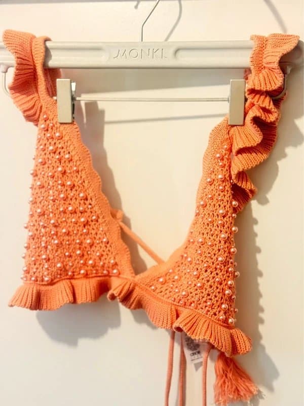 ASOS ASOS Luxe co-ord pearl embellished knitted crochet  bralet in apricot