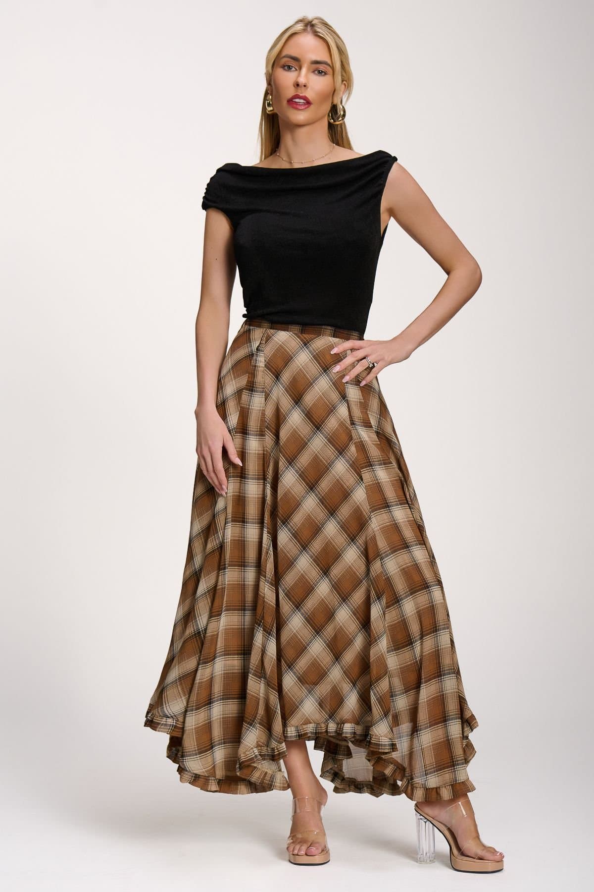 Jolie Moi Jolie Moi Women's Checked Chiffon Hem Maxi Skirt in Light Brown