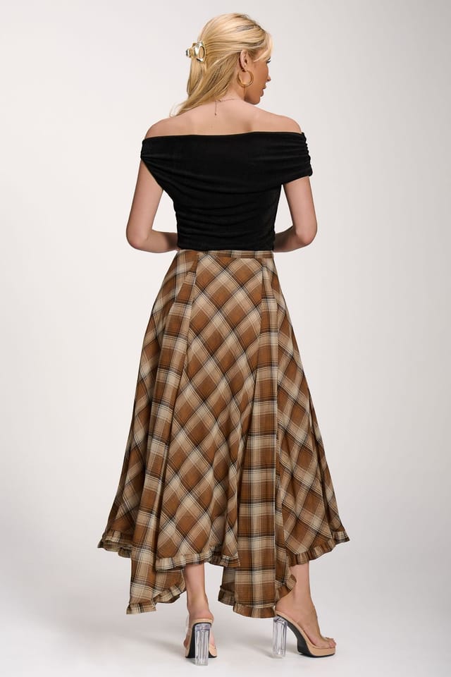 Jolie Moi Jolie Moi Women's Checked Chiffon Hem Maxi Skirt in Light Brown - 2