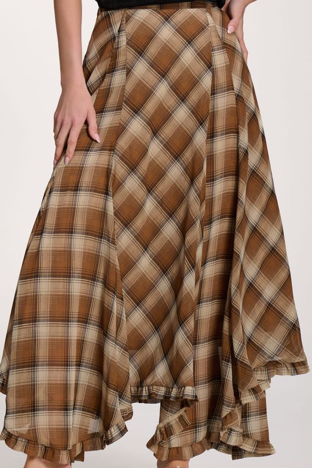 Jolie Moi Jolie Moi Women's Checked Chiffon Hem Maxi Skirt in Light Brown - 3