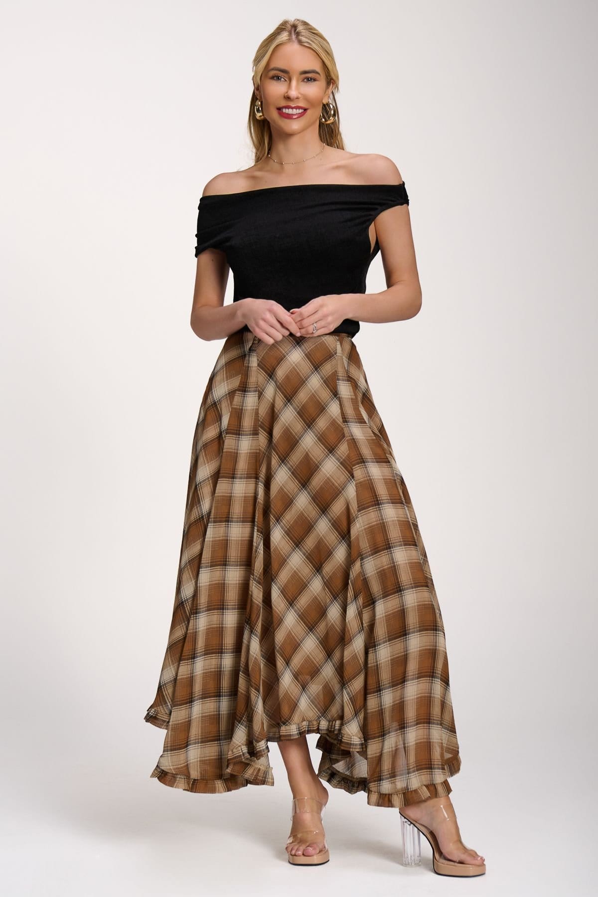 Jolie Moi Jolie Moi Women's Checked Chiffon Hem Maxi Skirt in Light Brown - 4