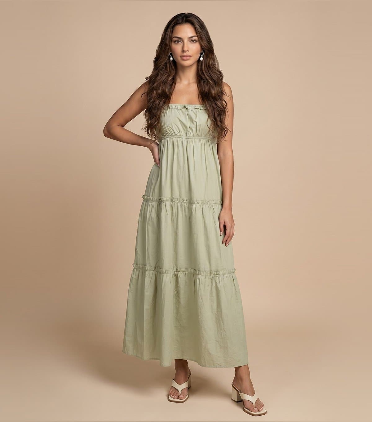 Urban Bliss Women's Light Green Cotton Ruched Tiered Maxi Dress Urban Bliss New Look