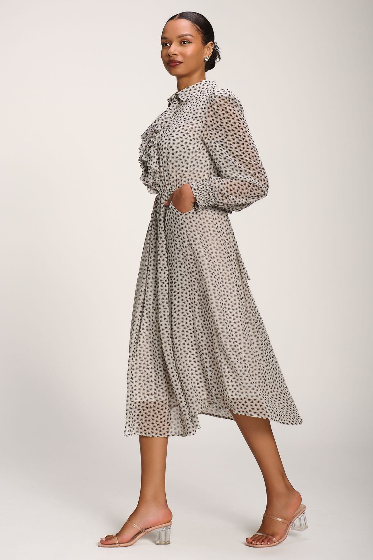 Jolie Moi Jolie Moi Women's Chiffon Ruffle Long Sleeve Shirt Dress - 4