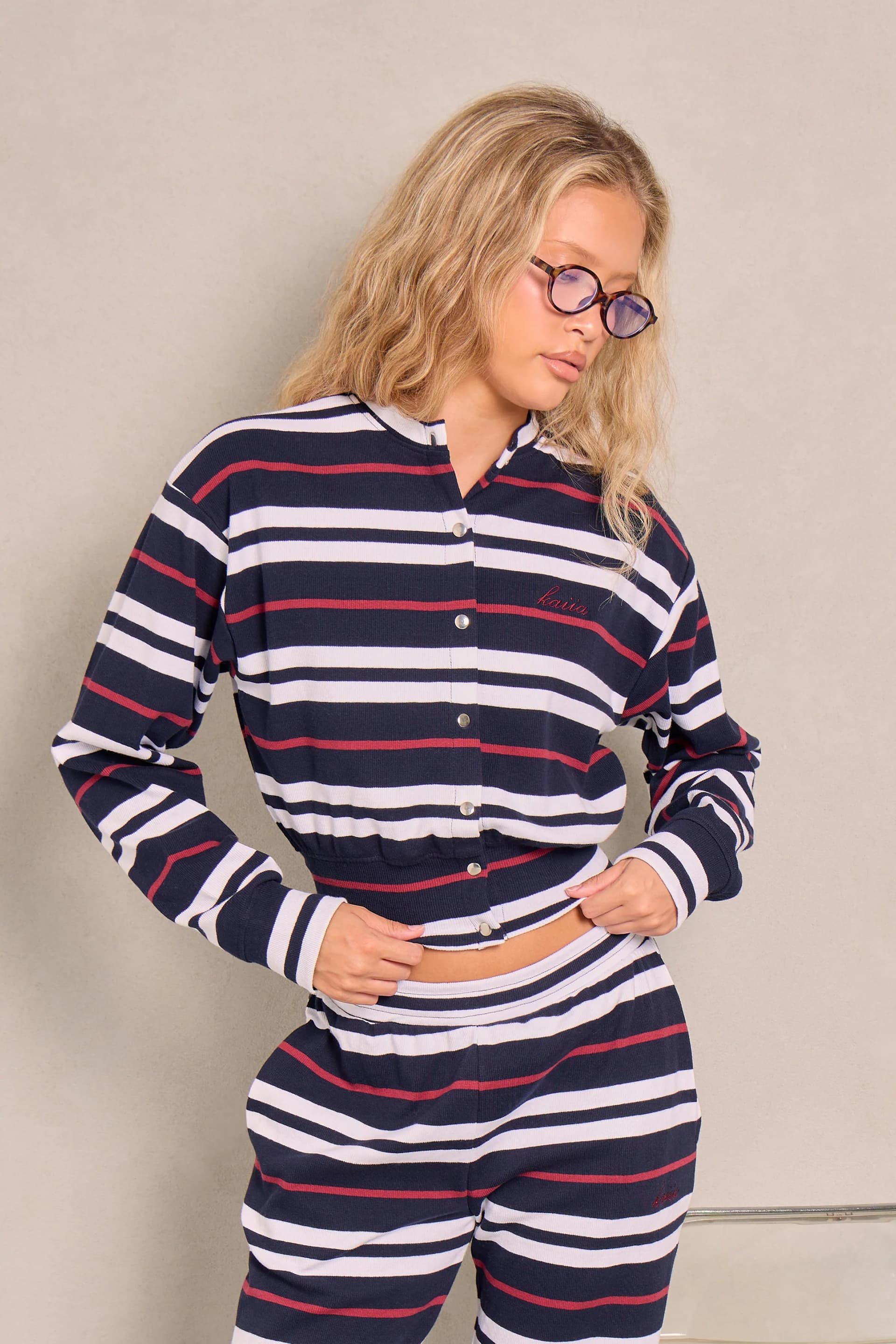 Kaiia Kaiia Stripe Button Up Top Navy & Red