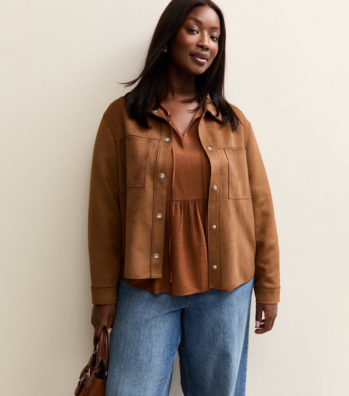 New Look Women's Plus Size Tan Faux Suede Shacket Curves New Look