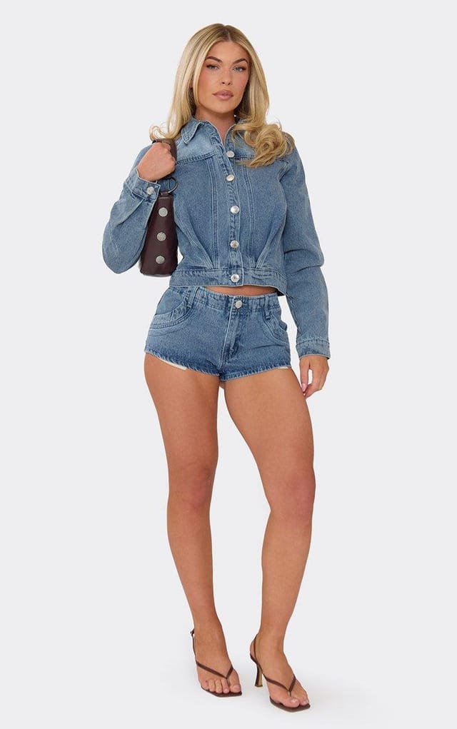 EGO Low Rise Mini Shorts In Blue Wash Denim, Women's Size UK 6 - 2
