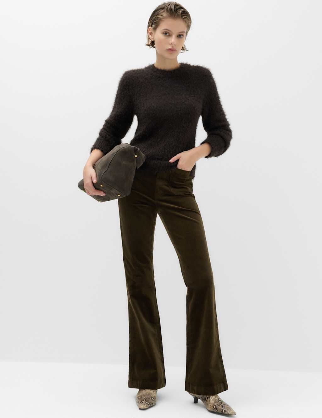 Marks & Spencer M&S High Waisted Flared Corduroy Trousers Dark Khaki