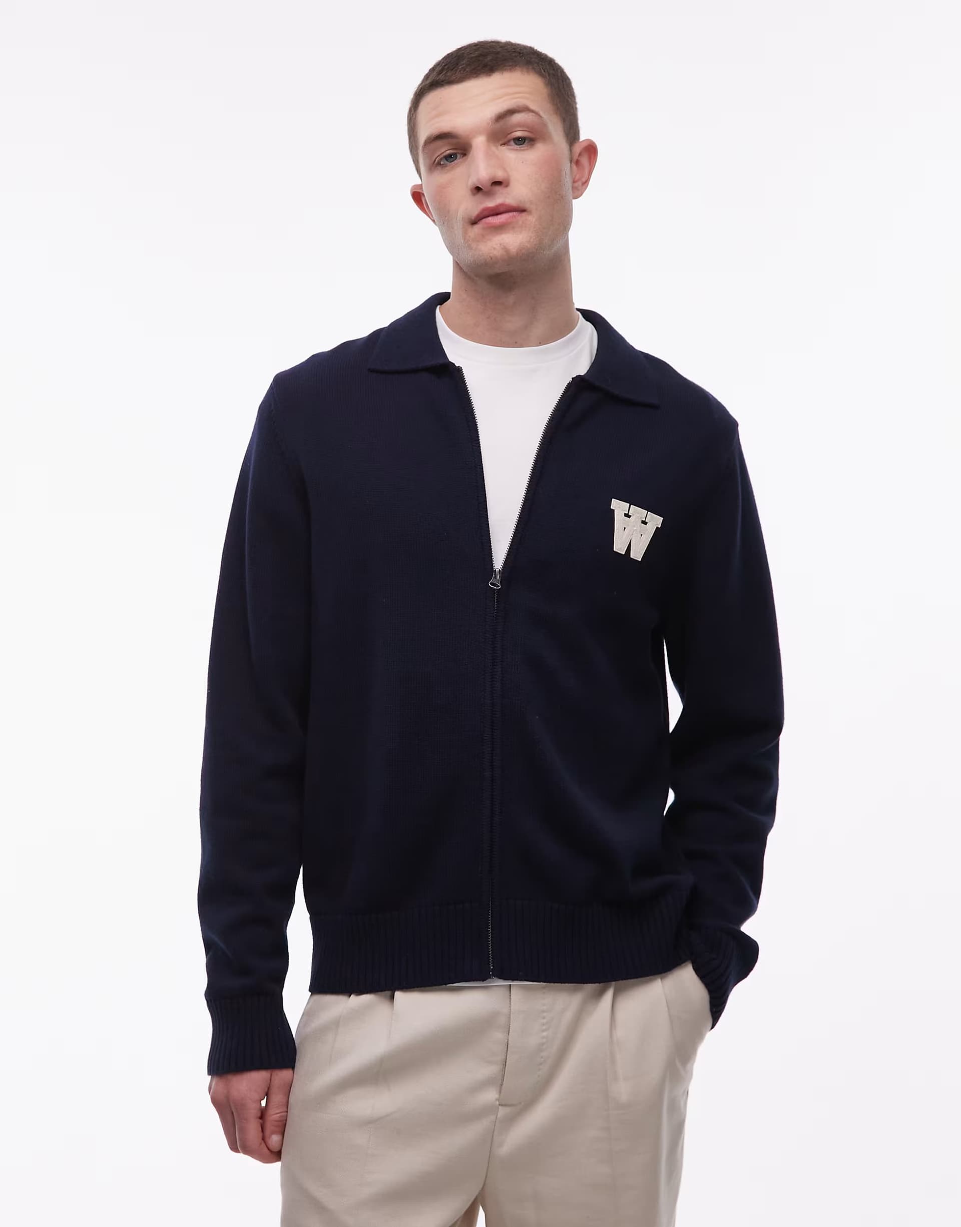 ASOS Double A By Wood Wood 100% cotton logo zip up collar cardigan in navy