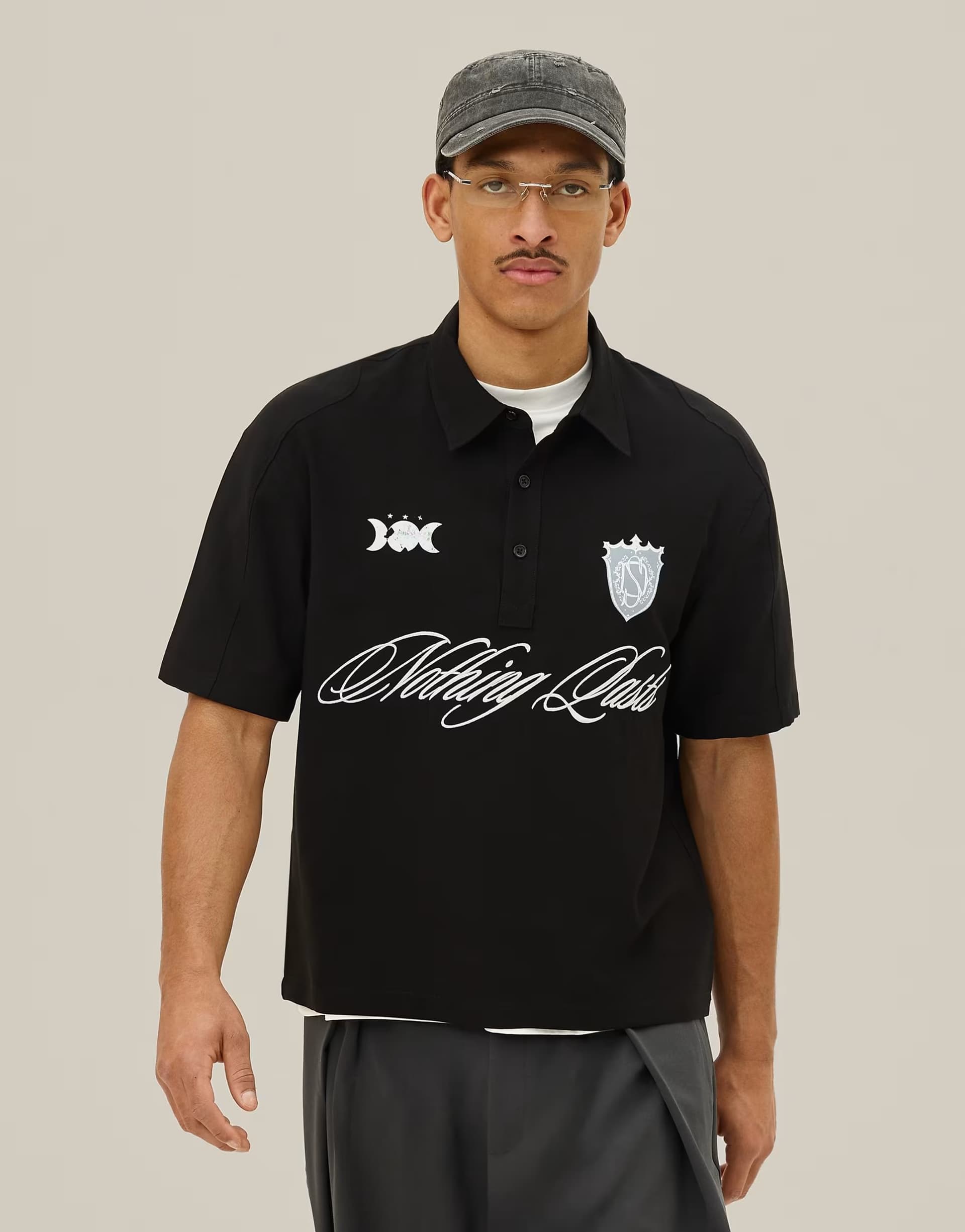 ASOS Bershka Embroidered short sleeve polo shirt in black