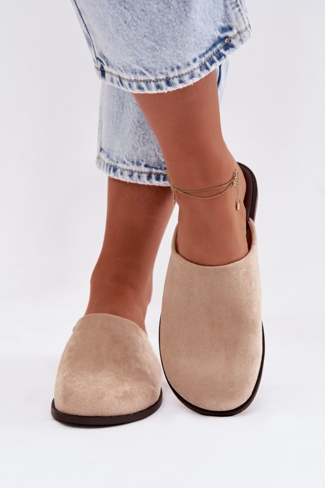 Love Lace Love Lace Women's Classic Faux Suede Flat Slip On Slippers with Rounded Toe in Beige
